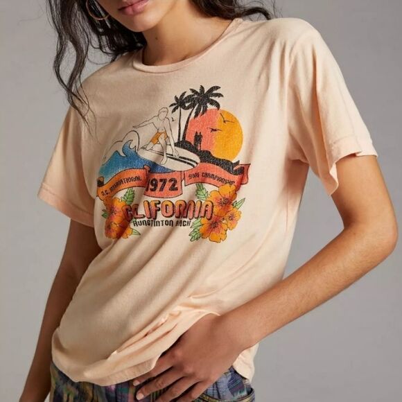 NWOT Anthropologie X Midnight Rider Huntington Beach Pink Retro Graphic Tee XS - Picture 2 of 9
